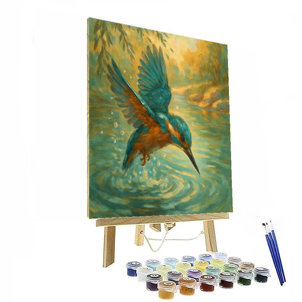 Kingfisher Dive At Golden Riverbend Number painting