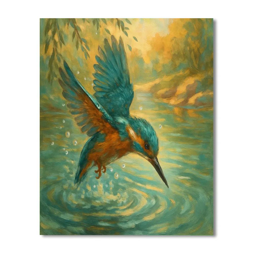 Kingfisher Dive At Golden Riverbend Number painting