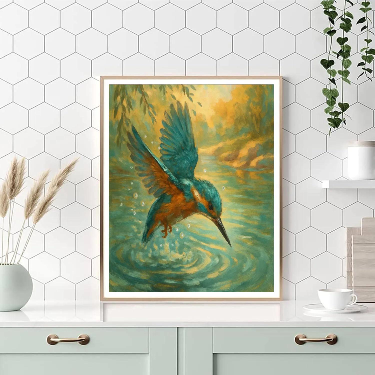 Kingfisher Dive At Golden Riverbend Number painting