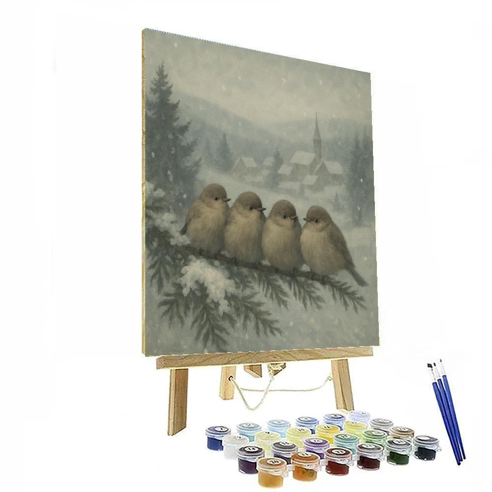Snowy Tree Songbirds At Dawn paint by color