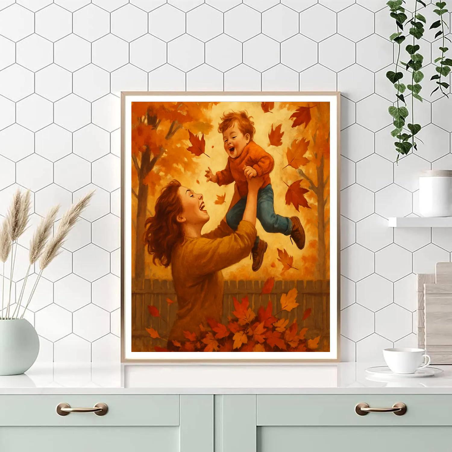 Autumn Leaf Pile Jump With Mother paint by numbers