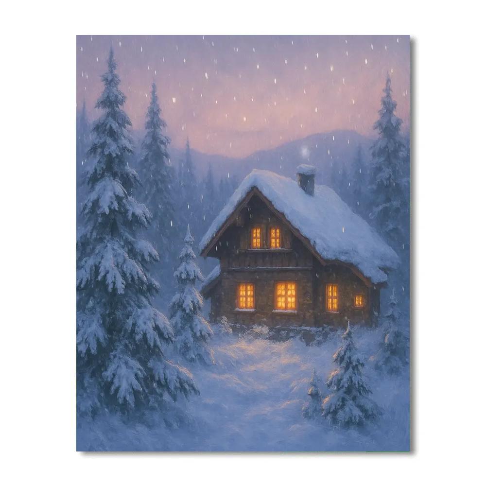 Serene Mountain Chalet Winter Landscape paint by number