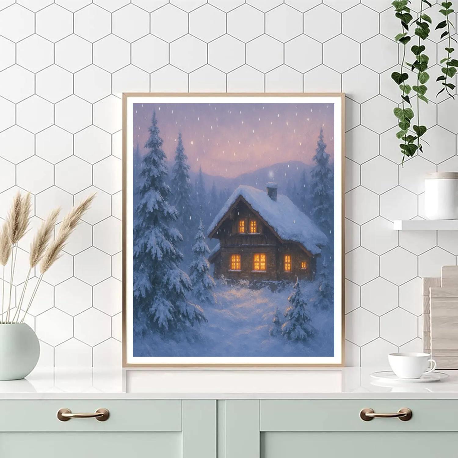 Serene Mountain Chalet Winter Landscape paint by number