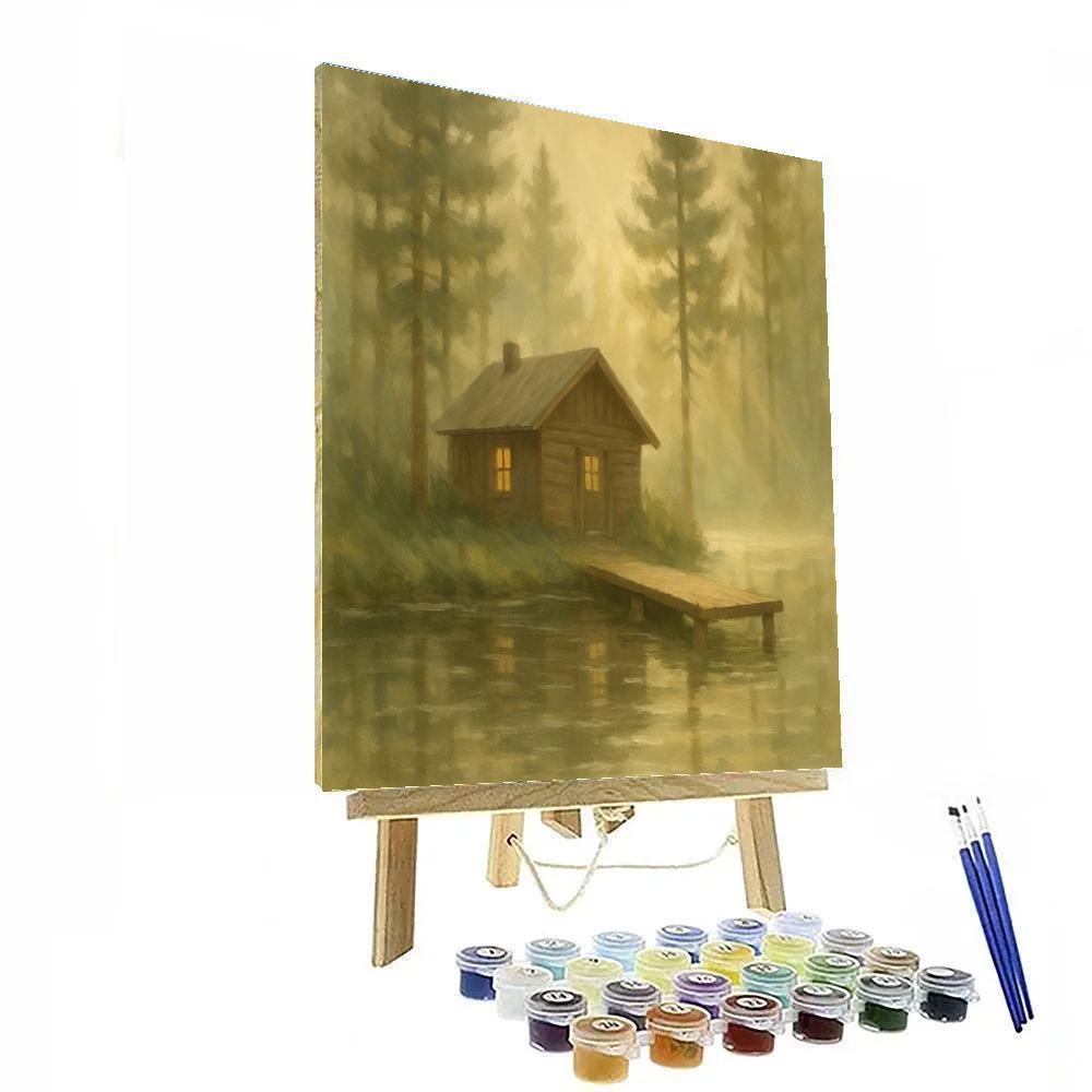 Morning Mist Over Rustic Lake Cabin paint by numbers