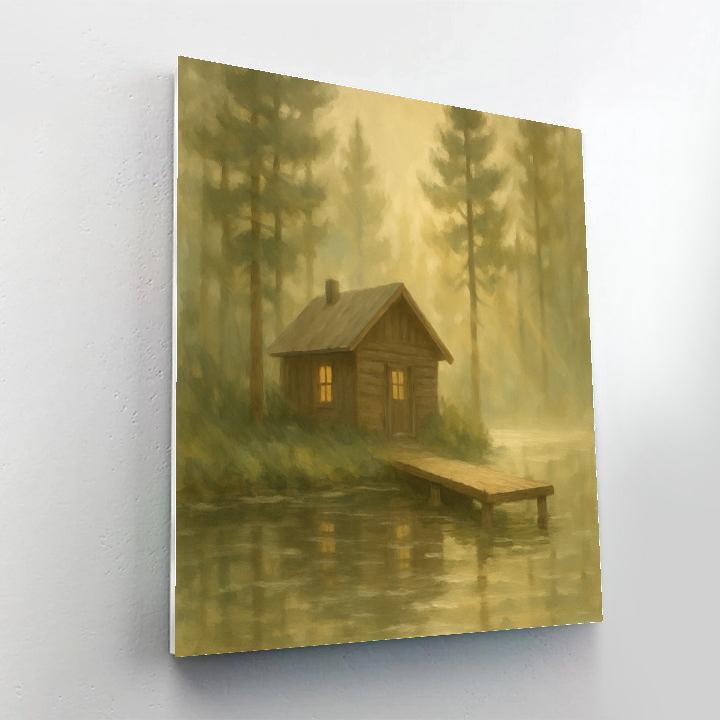 Morning Mist Over Rustic Lake Cabin paint by numbers
