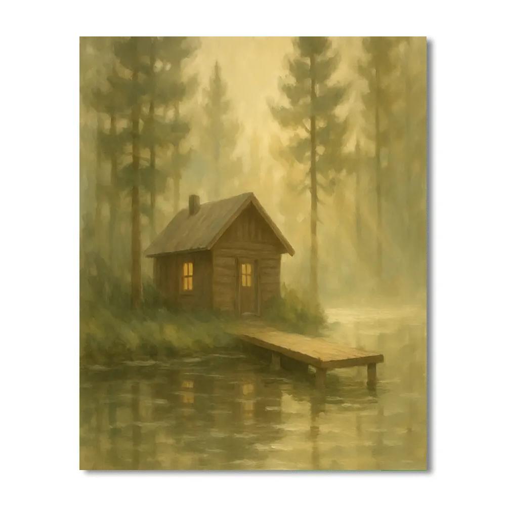 Morning Mist Over Rustic Lake Cabin paint by numbers