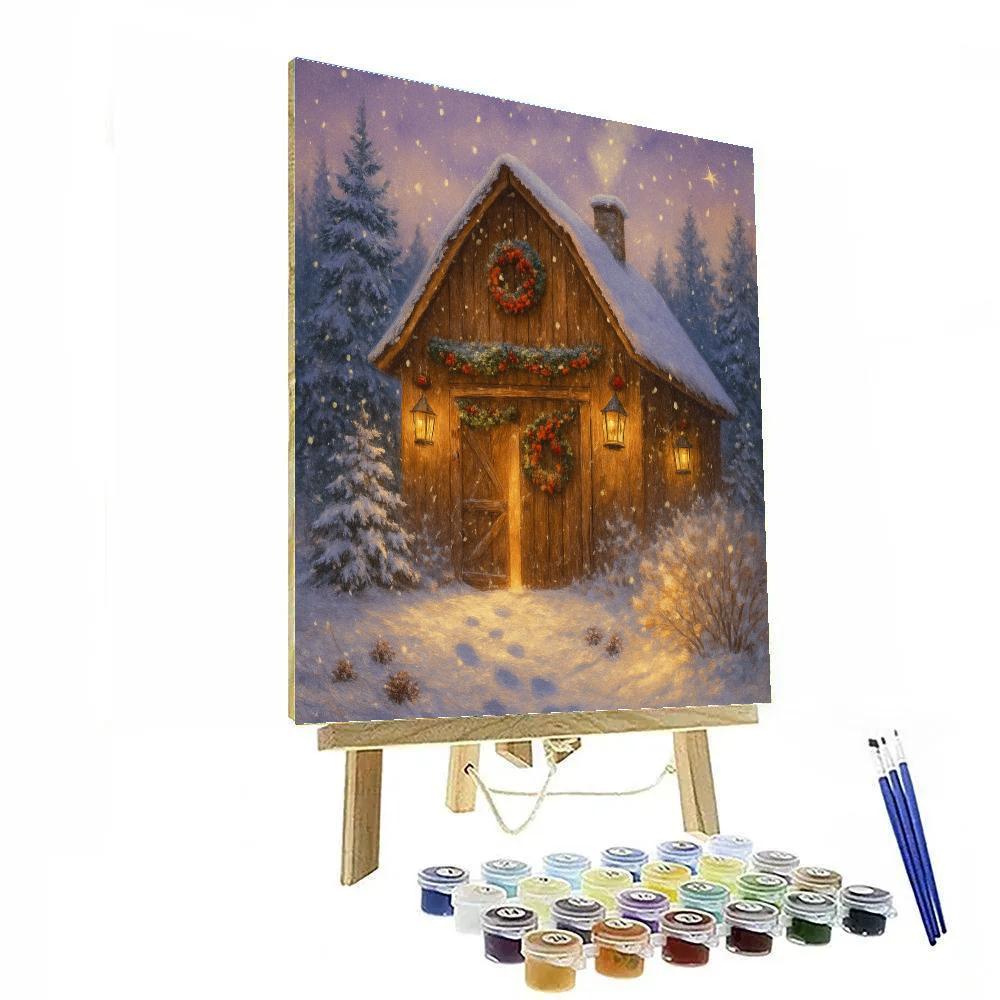 Enchanted Winter Barn With Glowing Lanterns painting number kit