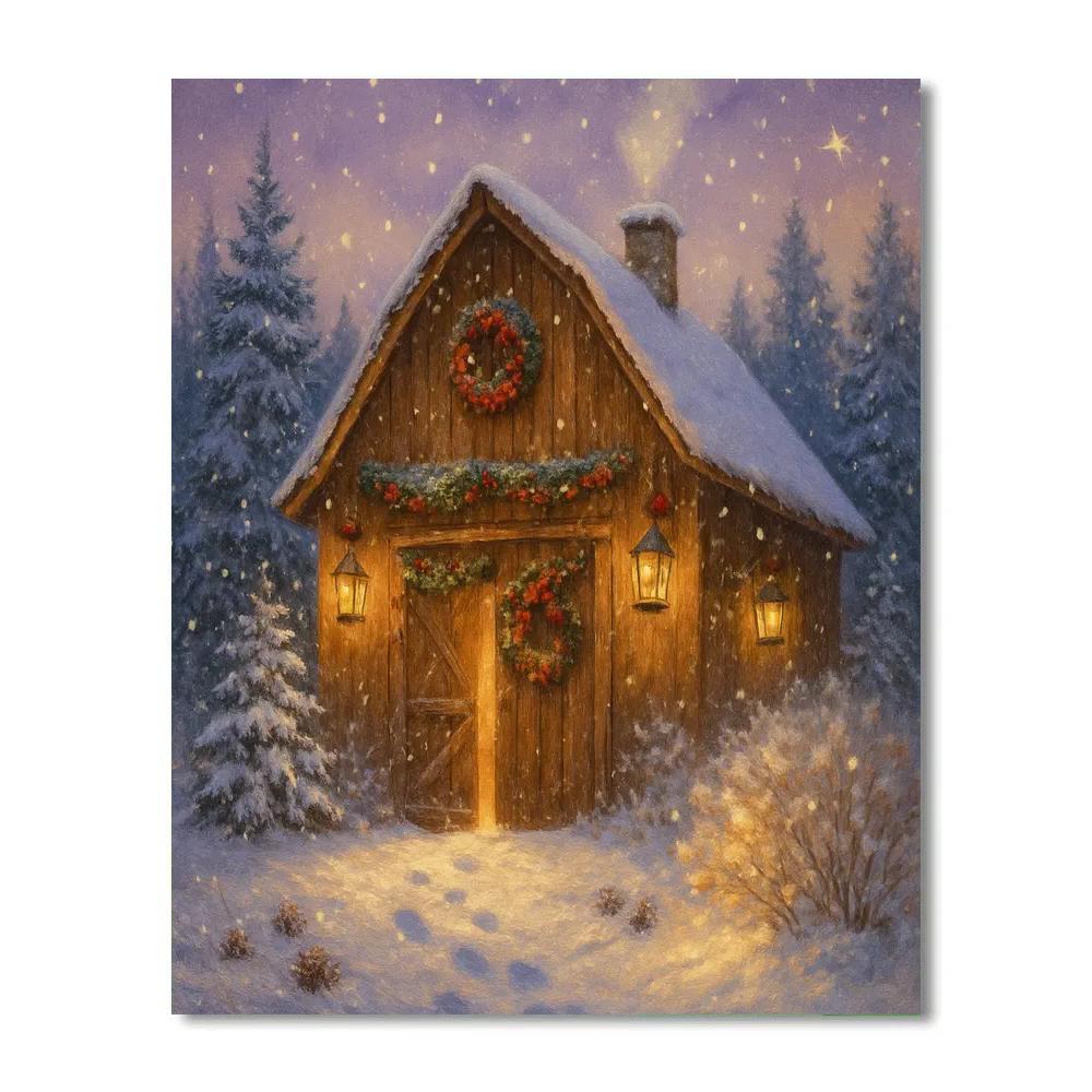 Enchanted Winter Barn With Glowing Lanterns painting number kit