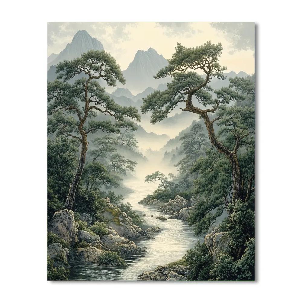 Zhao Mengfu Inspired Tranquil River Mist paint by numbers