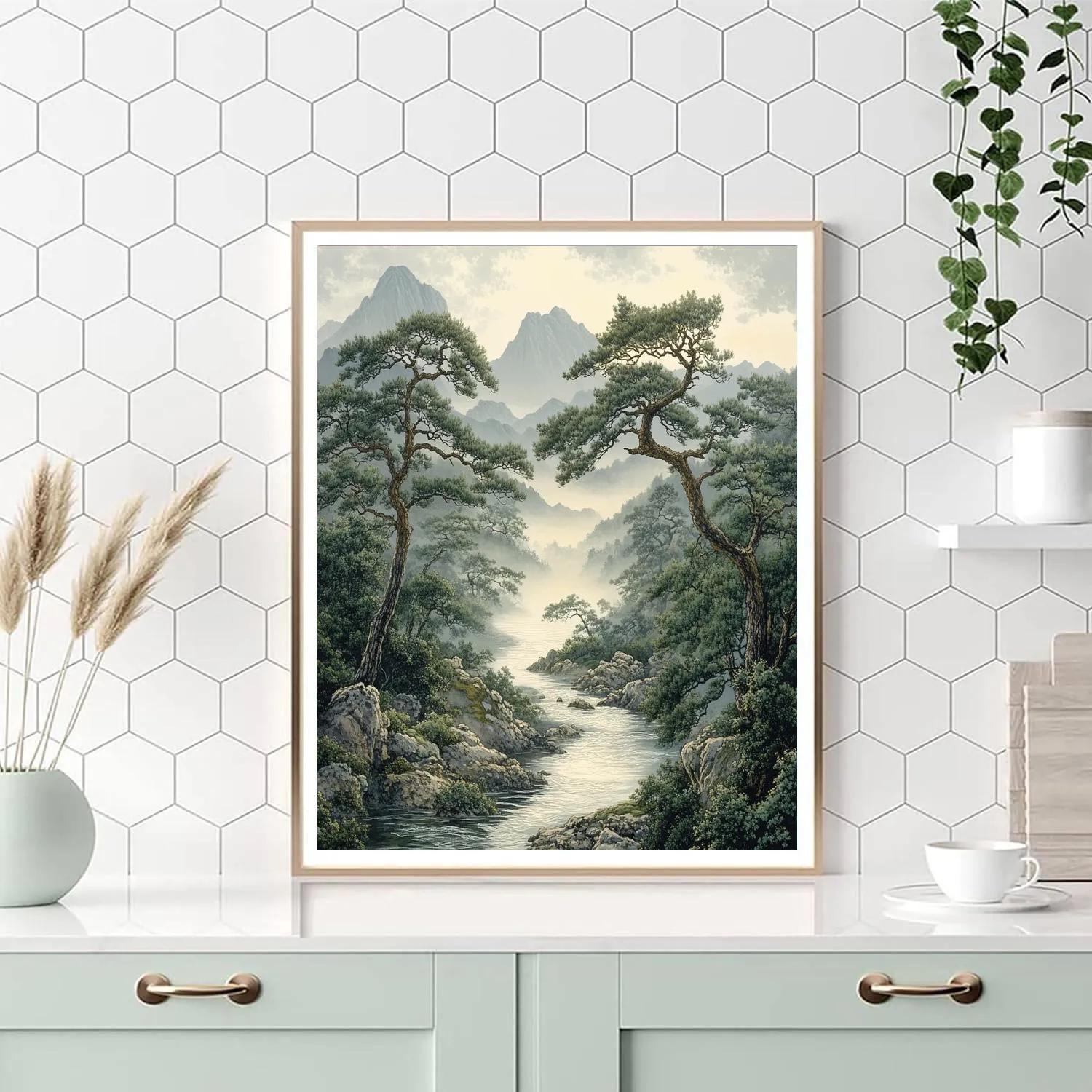 Zhao Mengfu Inspired Tranquil River Mist paint by numbers