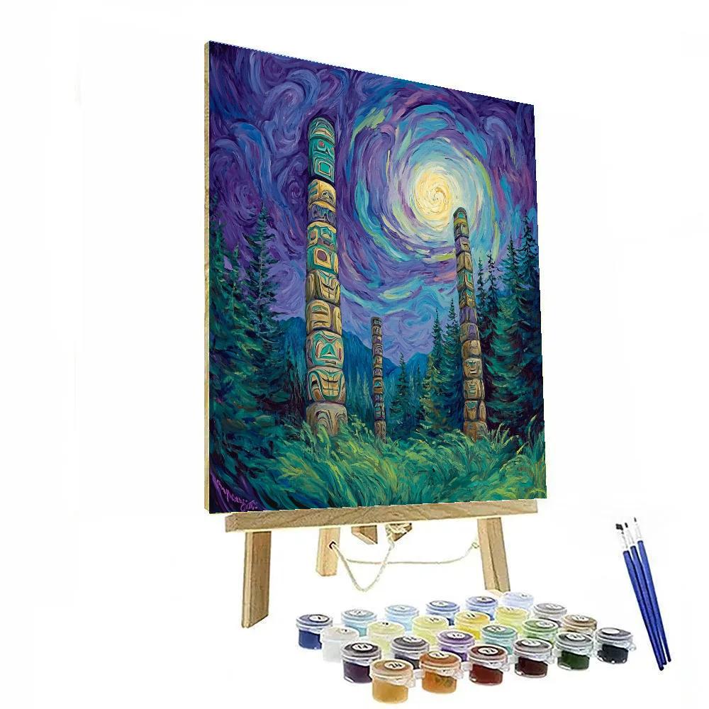 Monumental Totem Poles With Emily Carr Style Forest Embrace paint by color