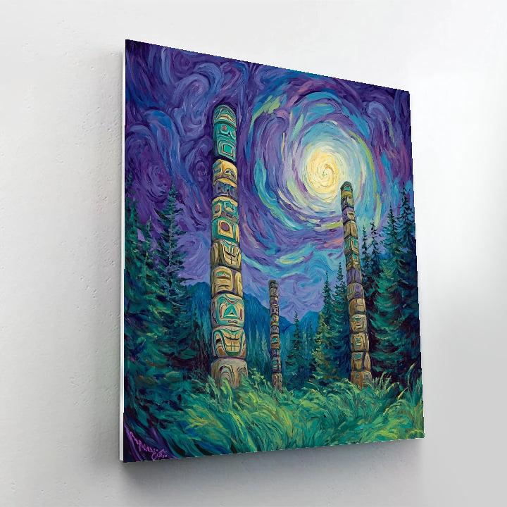 Monumental Totem Poles With Emily Carr Style Forest Embrace paint by color