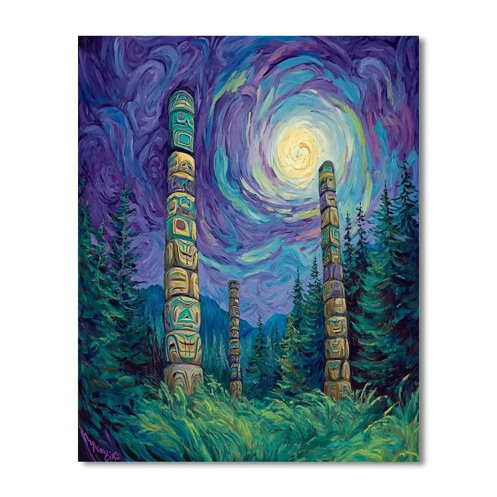 Monumental Totem Poles With Emily Carr Style Forest Embrace paint by color