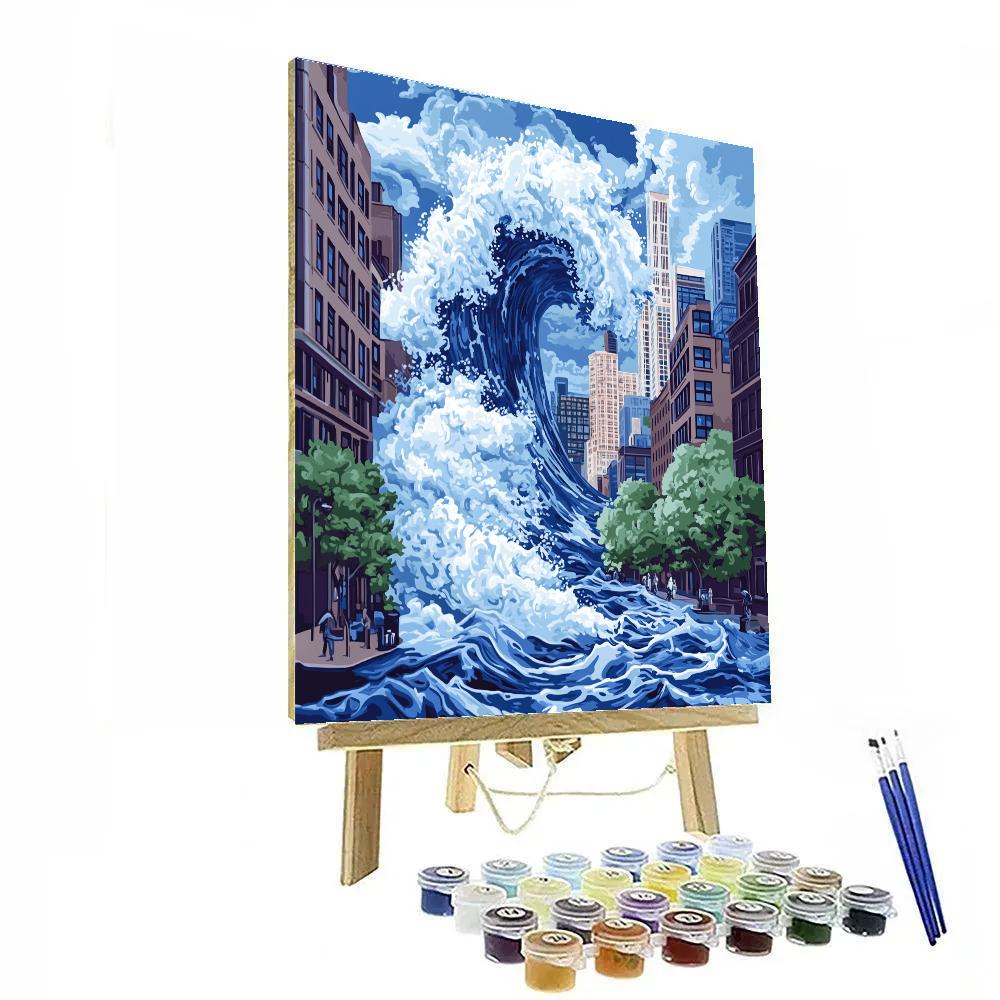 Hokusai Inspired Great Wave Over City paint by number
