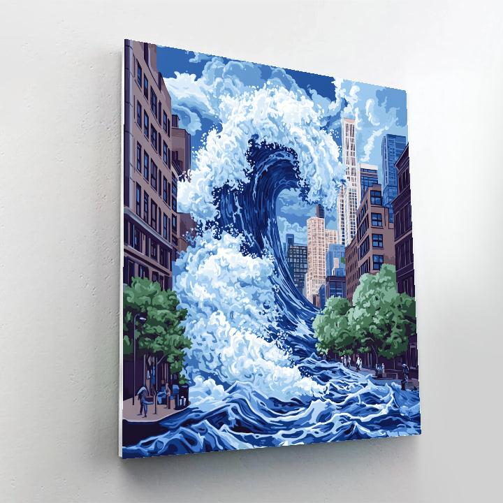 Hokusai Inspired Great Wave Over City paint by number