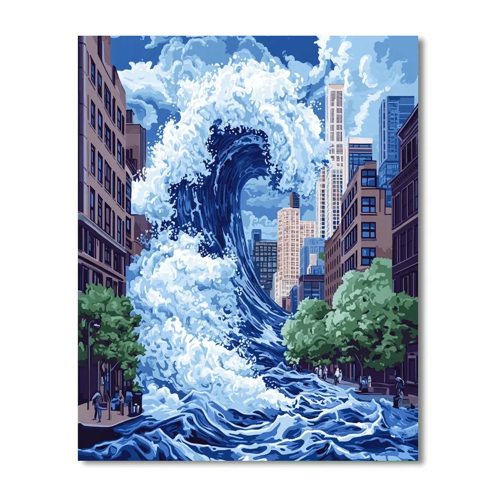 Hokusai Inspired Great Wave Over City paint by number