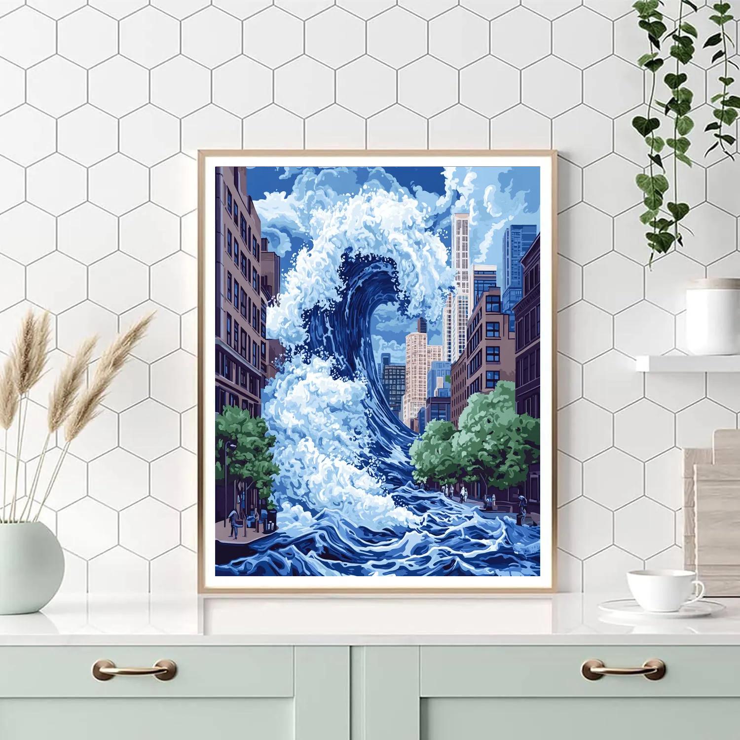 Hokusai Inspired Great Wave Over City paint by number