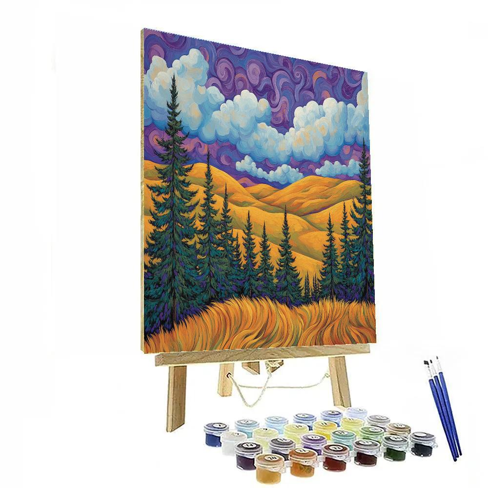 J E H MacDonald Inspired Rhythmic Pine Forest With Golden Ochre Hills Paint by numbers art