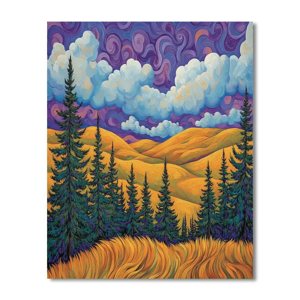 J E H MacDonald Inspired Rhythmic Pine Forest With Golden Ochre Hills Paint by numbers art