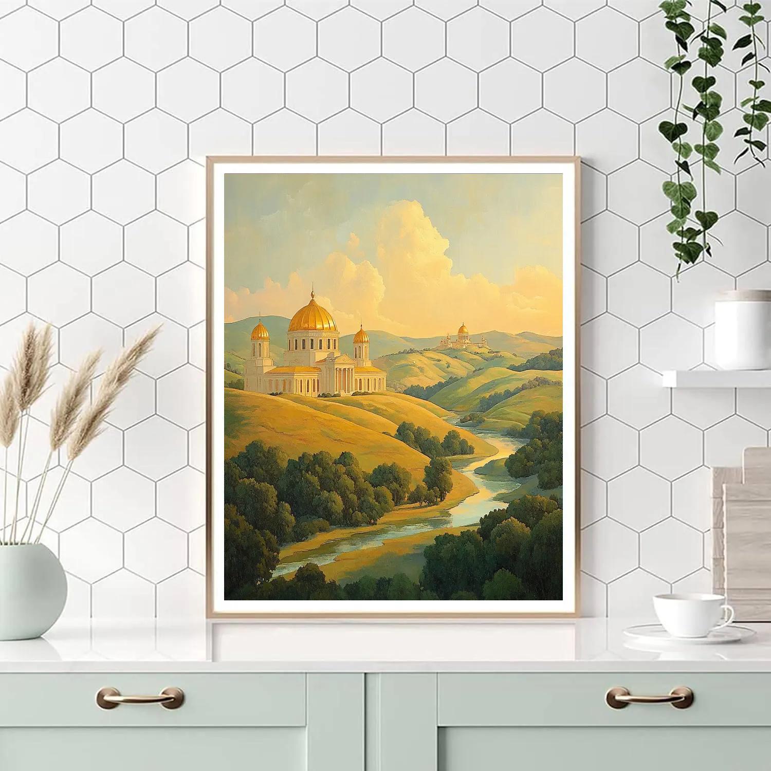 Raphael Inspired Golden Domes Over Rolling Landscape Numbered painting kits