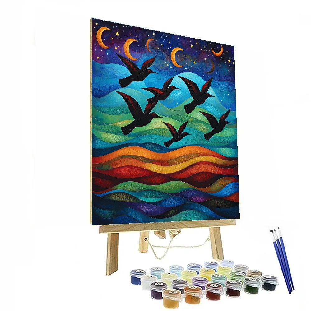 Norval Morrisseau Inspired Northern Sky Songbirds And Moon Lines Paint by numbers kits