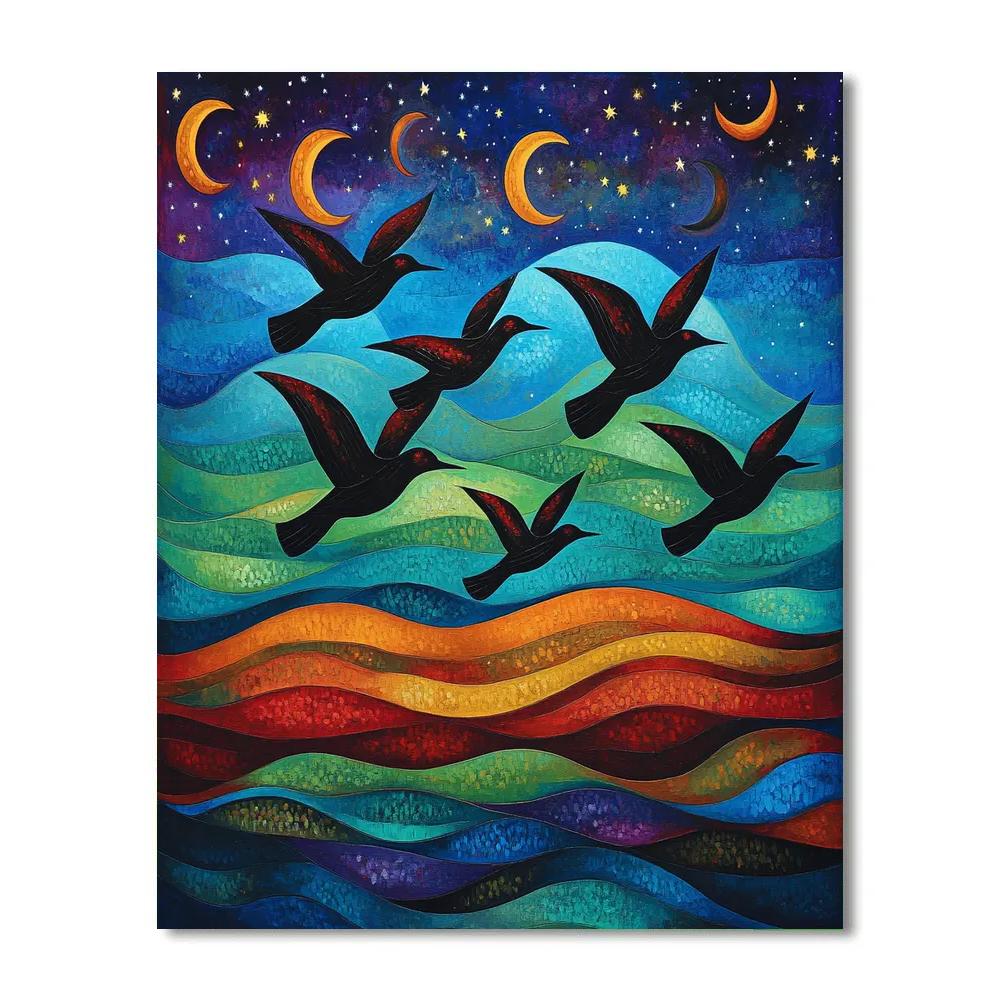 Norval Morrisseau Inspired Northern Sky Songbirds And Moon Lines Paint by numbers kits