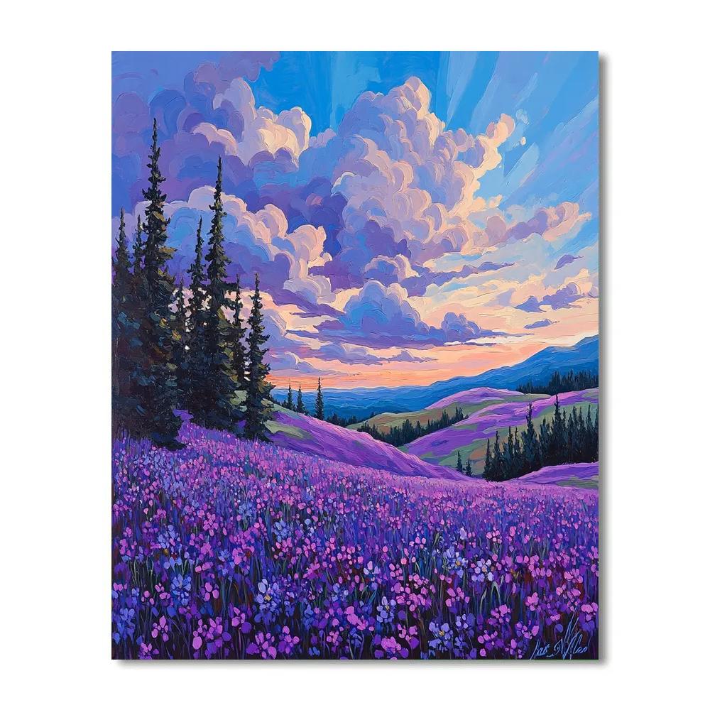 J E H MacDonald Inspired Layered Sky Over Purple Meadow Vistas Number painting