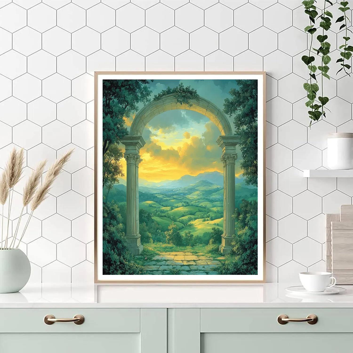 Raphael Inspired Classical Archway Framed By Verdant Hills paint by color