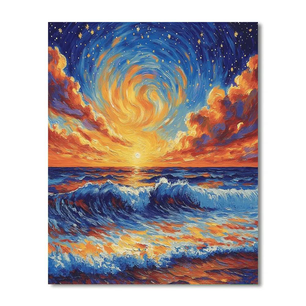 Van Gogh Inspired Starry Ocean Sunset paint by color