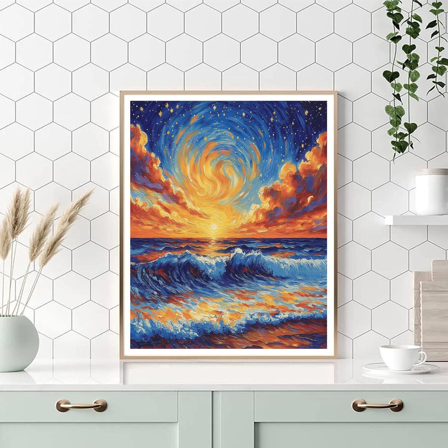 Van Gogh Inspired Starry Ocean Sunset paint by color