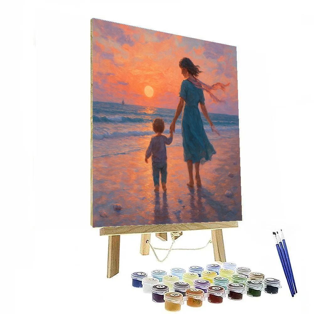 Seaside Stroll Mother And Child At Sunset Paint by numbers art
