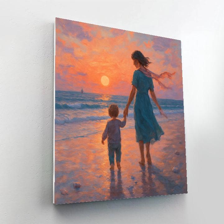 Seaside Stroll Mother And Child At Sunset Paint by numbers art