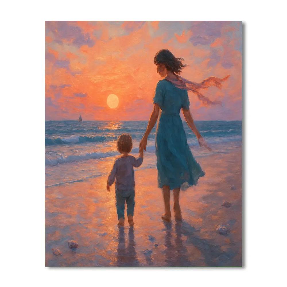 Seaside Stroll Mother And Child At Sunset Paint by numbers art