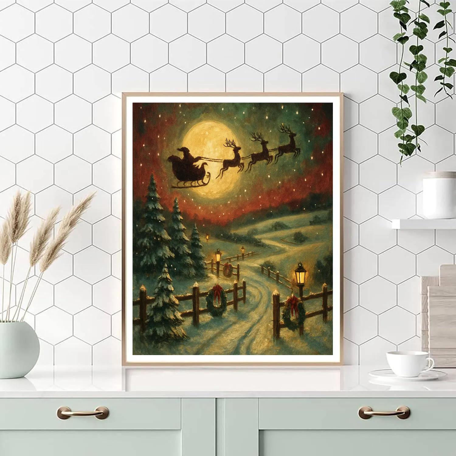 Santa Sleigh Over Lanterned Hills painting number kit