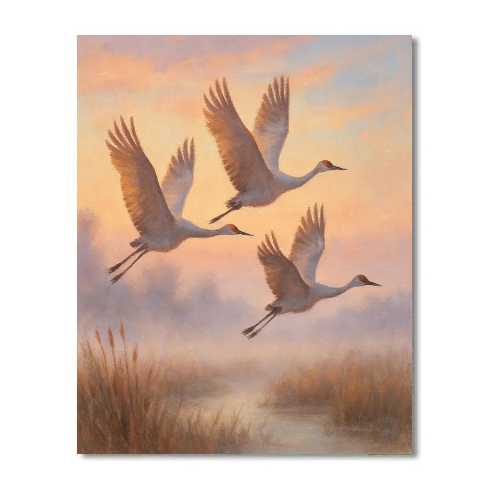 Sunrise Cranes Over Misty Marsh Paint by numbers kits