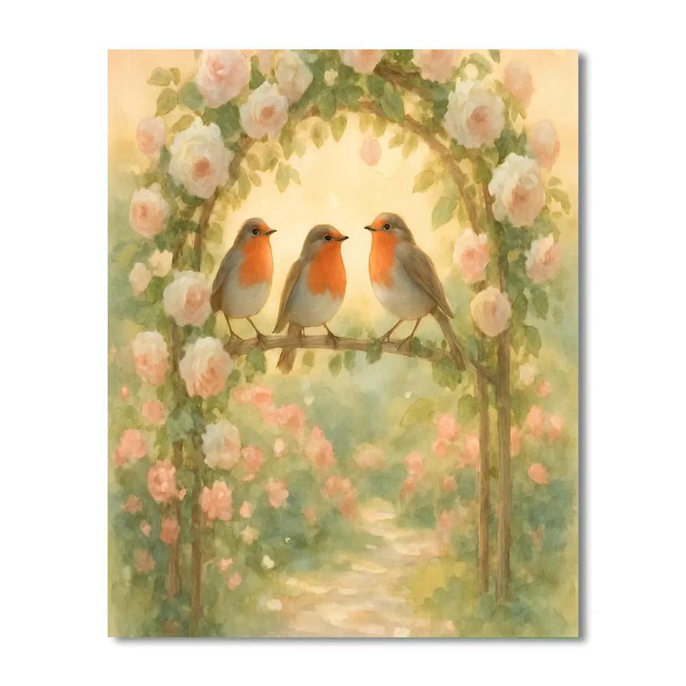 Garden Robins Among Blooms paint by number