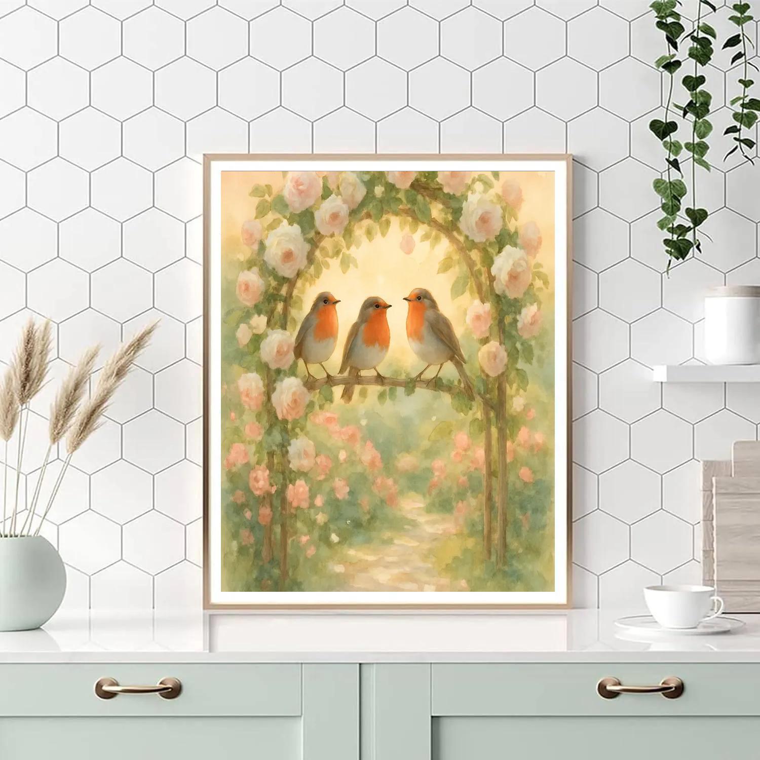 Garden Robins Among Blooms paint by number