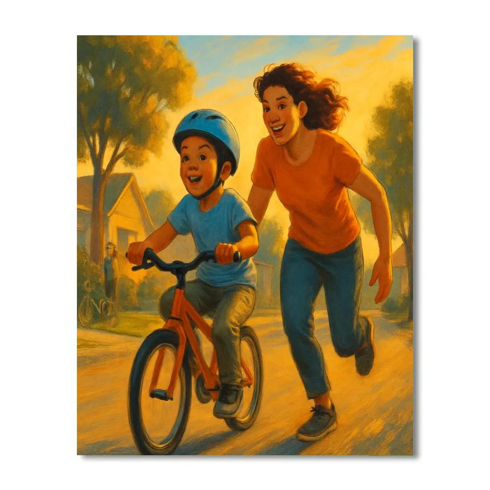 Mother Teaching Child To Ride Bicycle painting number kit