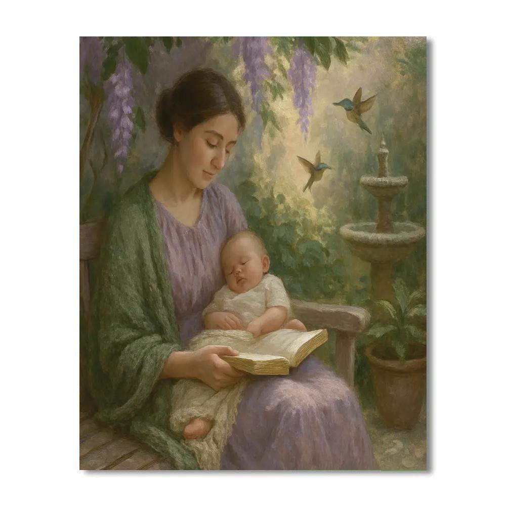 Quiet Garden Reading With Baby On Lap paint by number