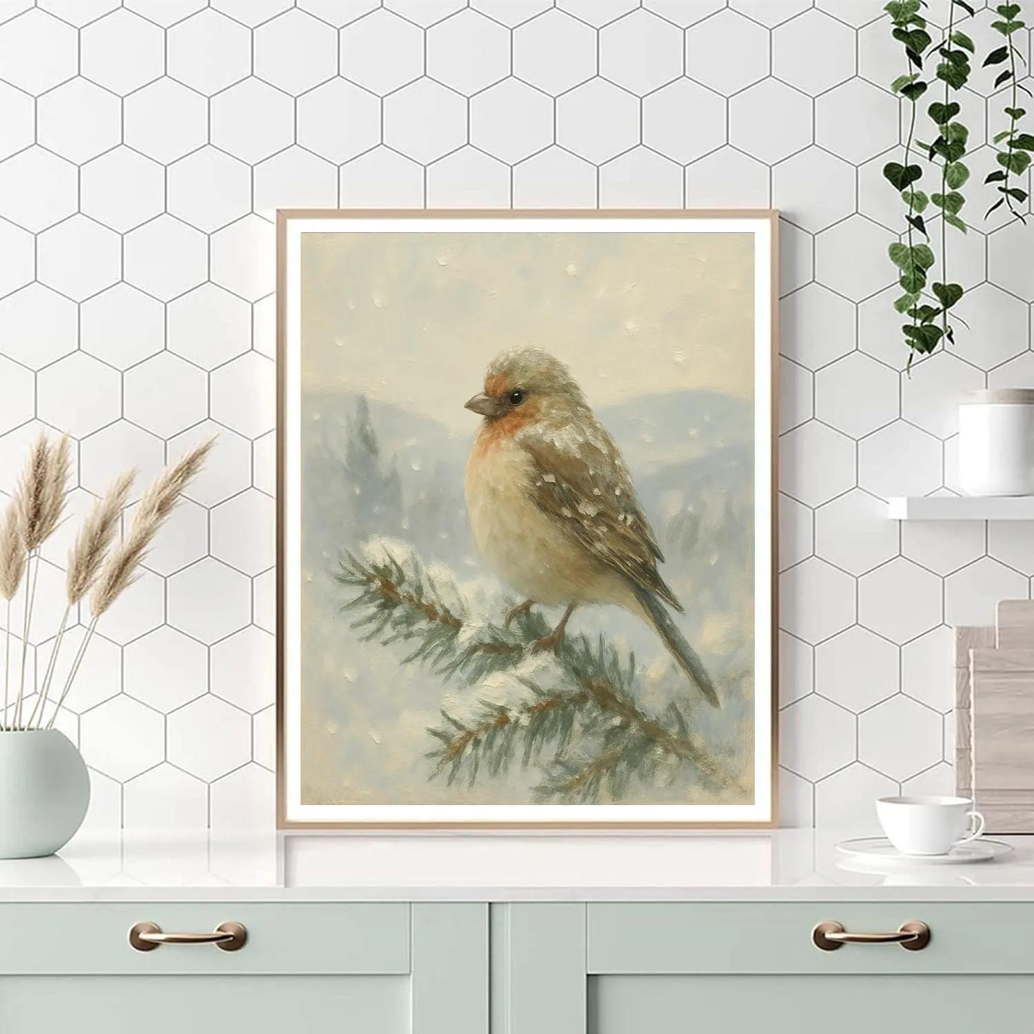Snowy Finch On Winter Bough painting number kit
