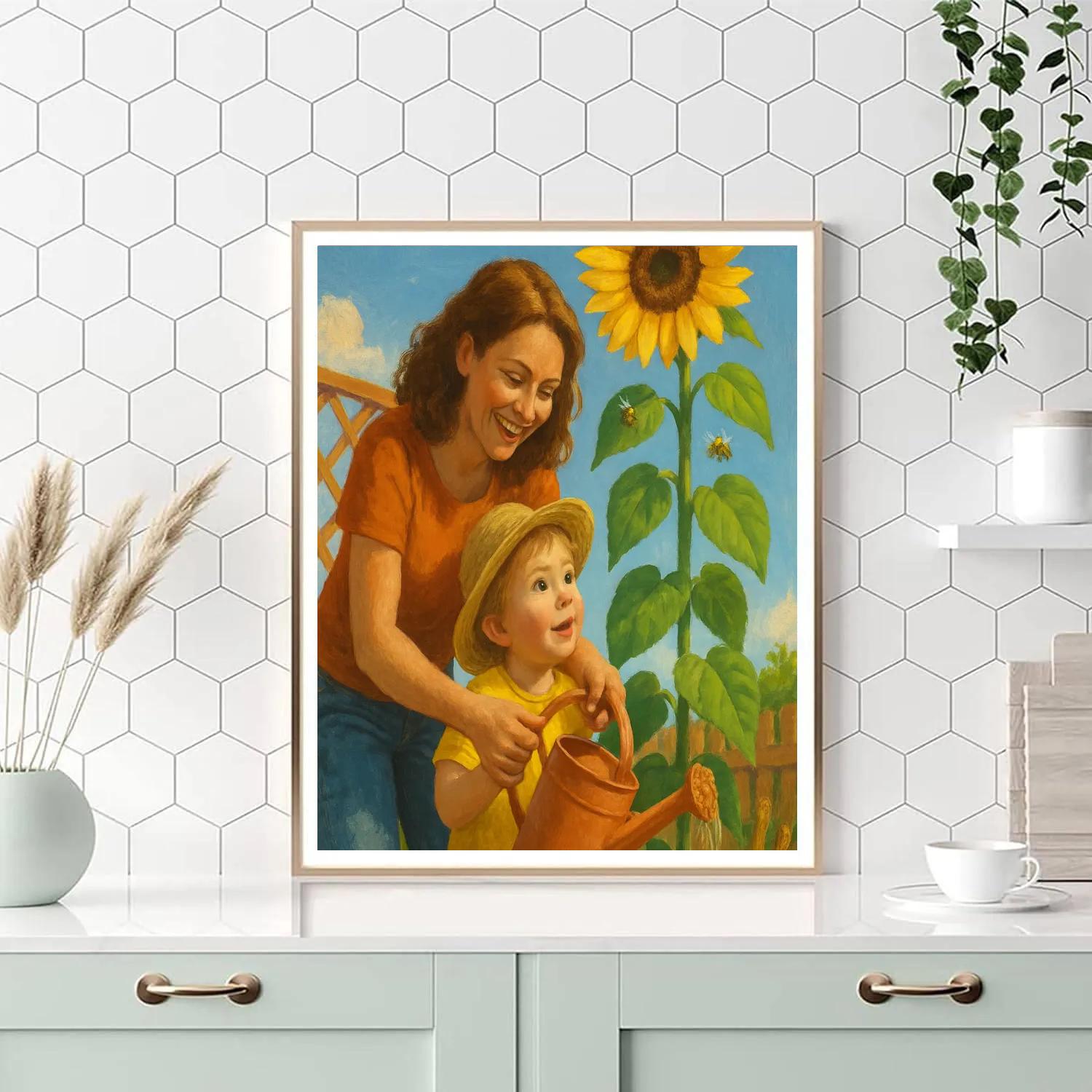Mother And Child Gardening Sunflower Together painting number kit