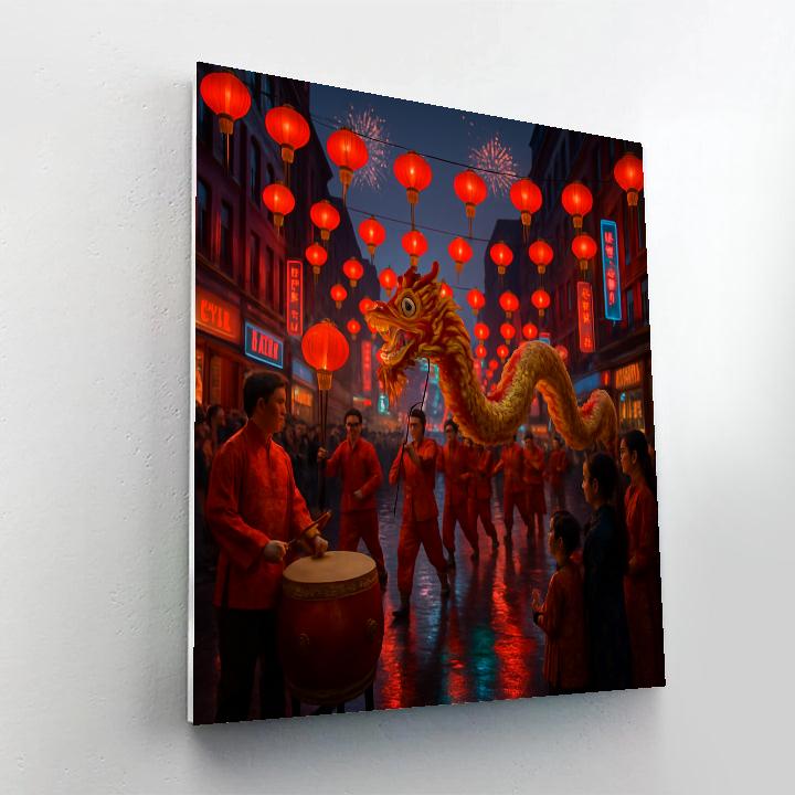 Lunar New Year Dragon Dance On Wet Streets painting number kit