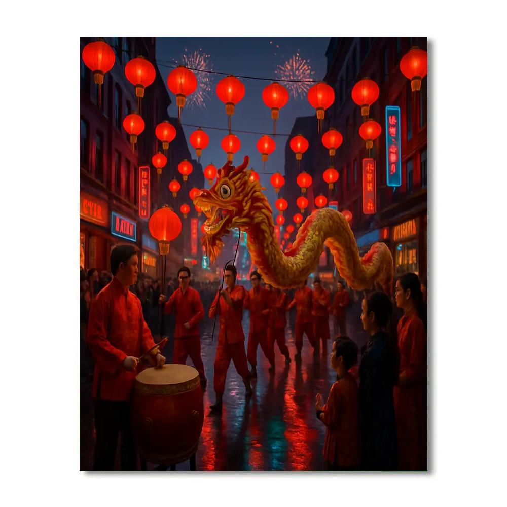 Lunar New Year Dragon Dance On Wet Streets painting number kit