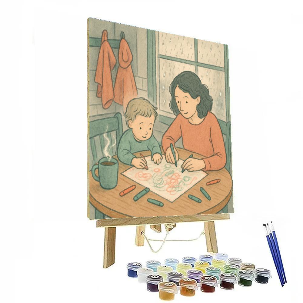 Rainy Window Drawing With Mother And Child DIY paint by numbers