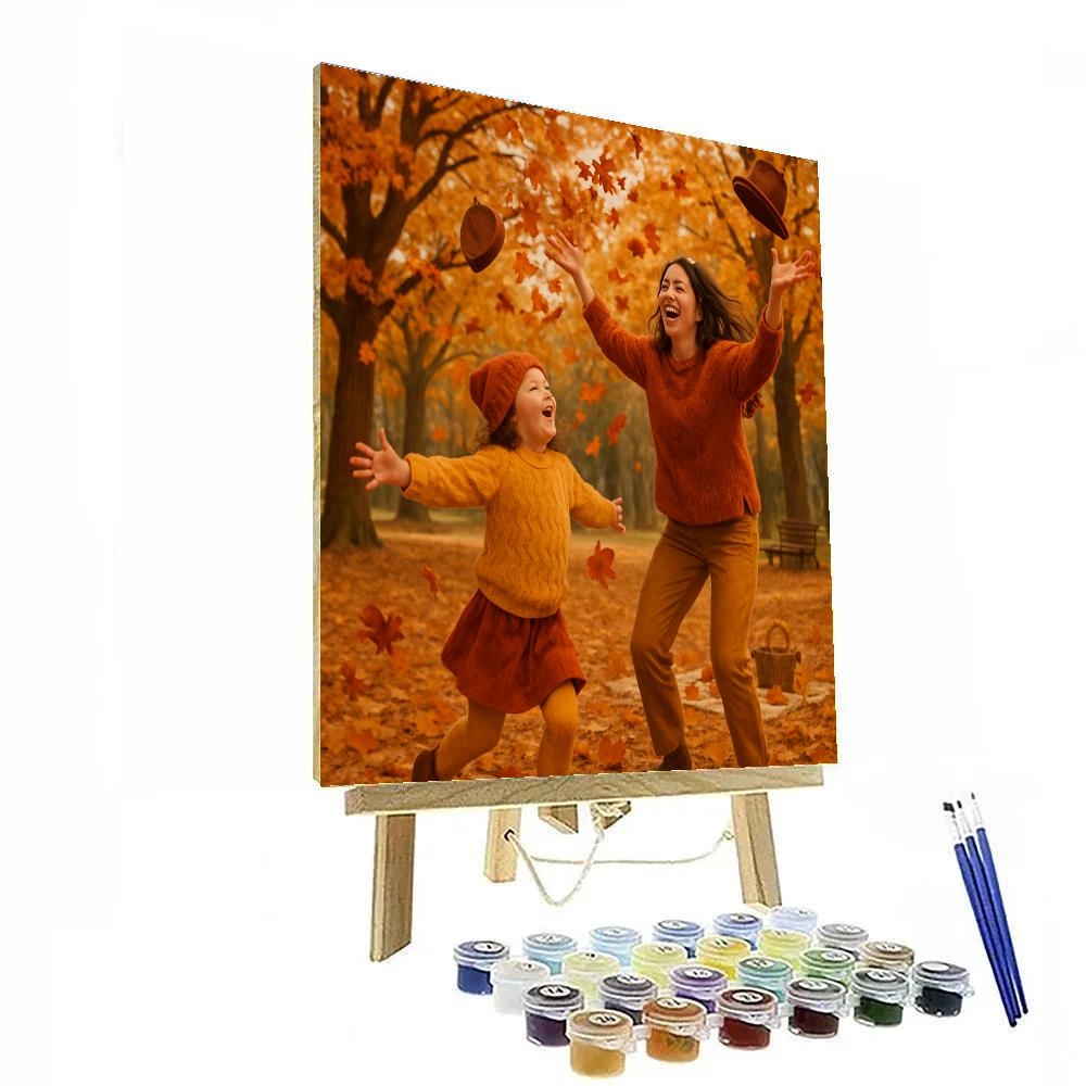 Mother And Child Laughing In Autumn Leaves Number painting