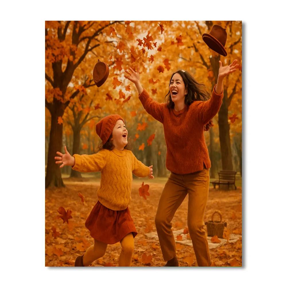 Mother And Child Laughing In Autumn Leaves Number painting