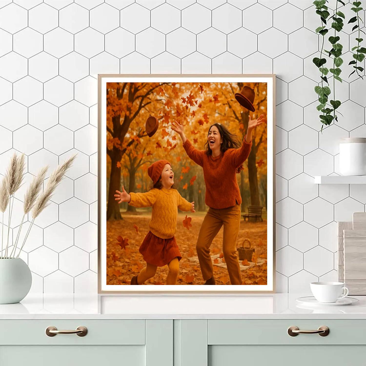 Mother And Child Laughing In Autumn Leaves Number painting