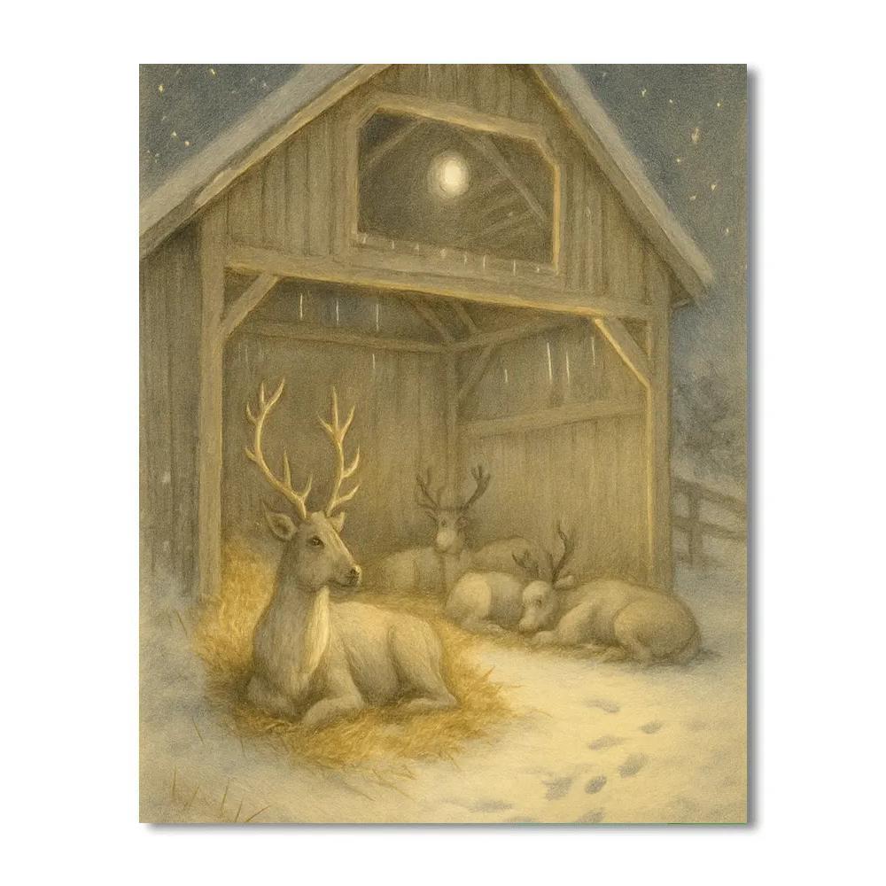 Moonlit Reindeer Barn paint by color
