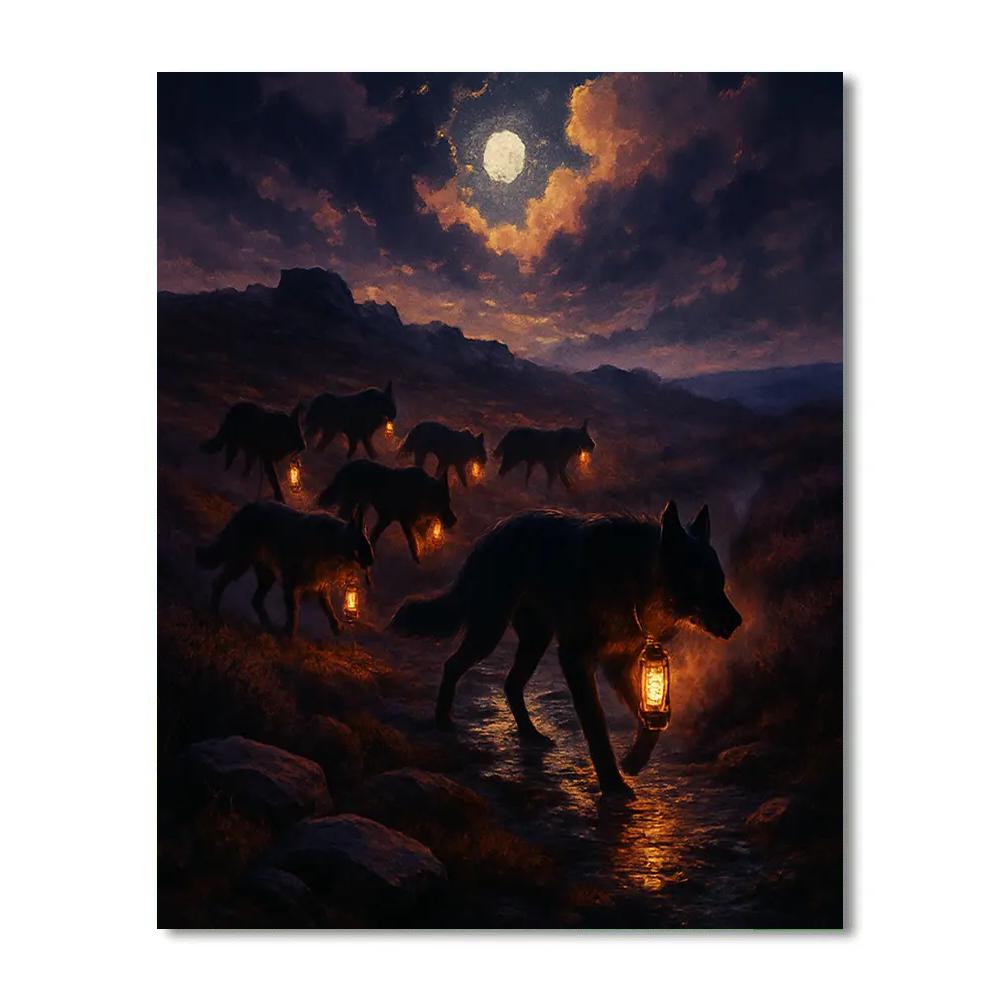 Moonlit Heath With Lantern Wolves painting number kit