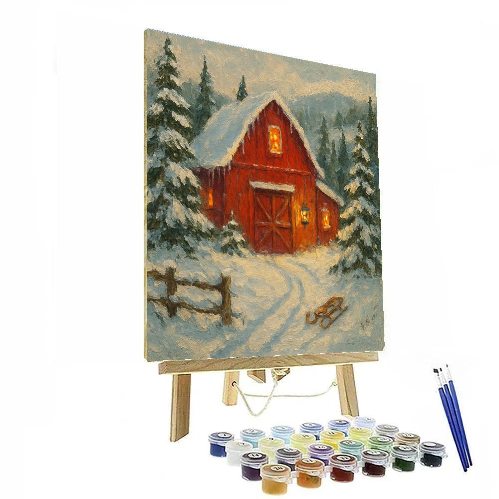 Red Barn Surrounded By Evergreens Winter Landscape Numbered painting kits